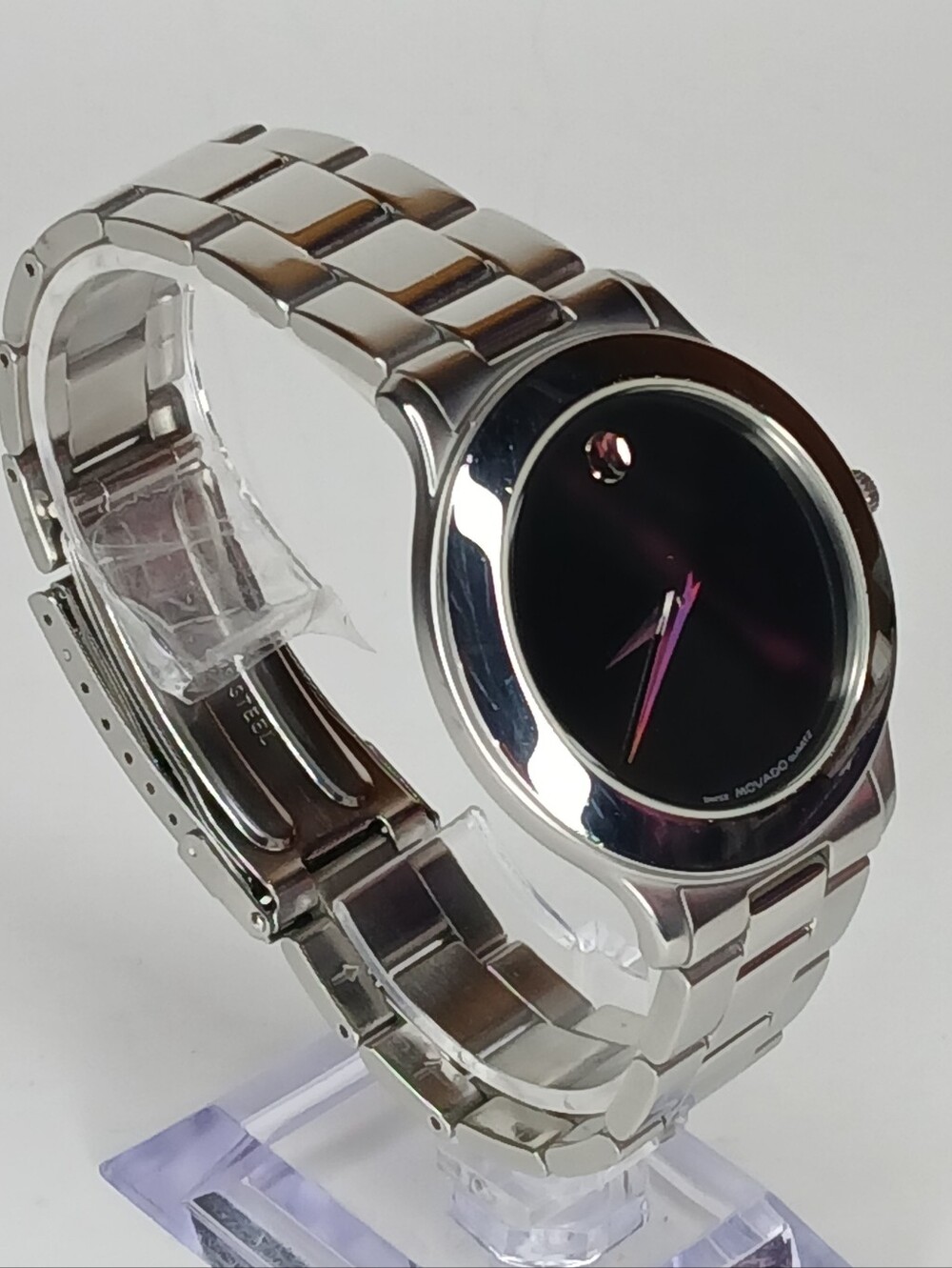 Movado Stainless Steel Bracelet Watch with Black Dial and Pink Accents